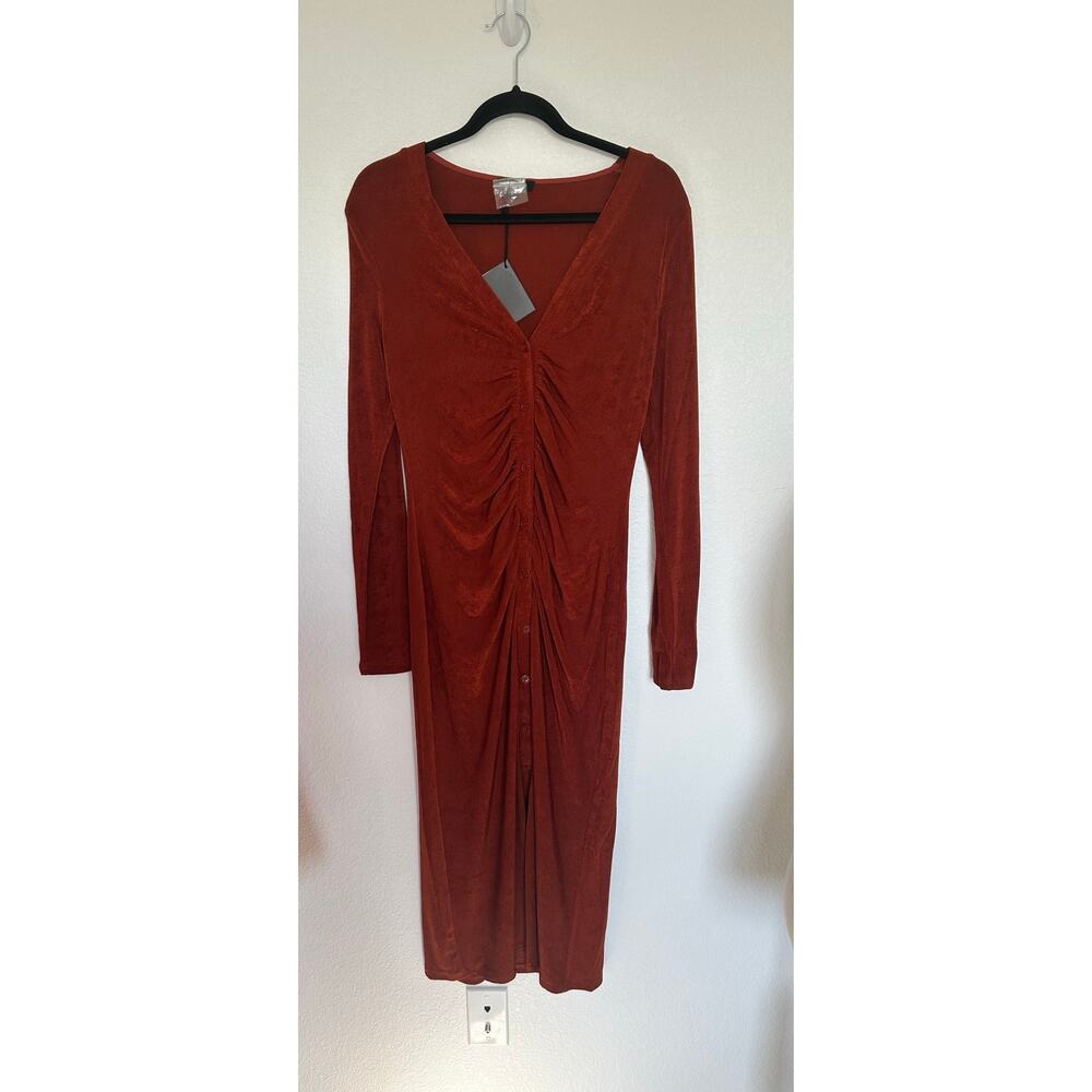 Area Stars Rust Ruched Front Button Down Midi Dress - L